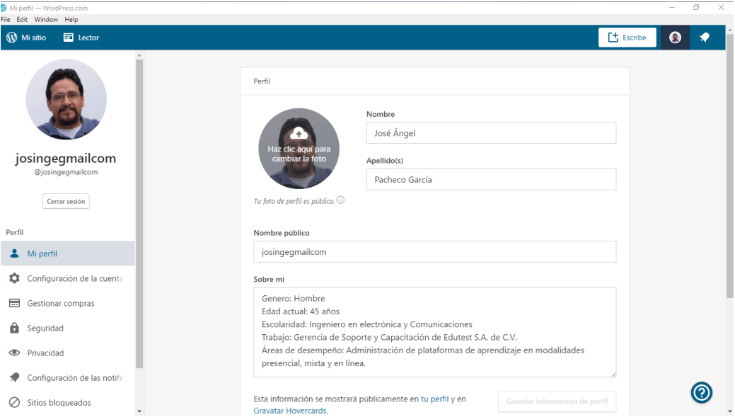 Actividad 1 Mi perfil en WordPress